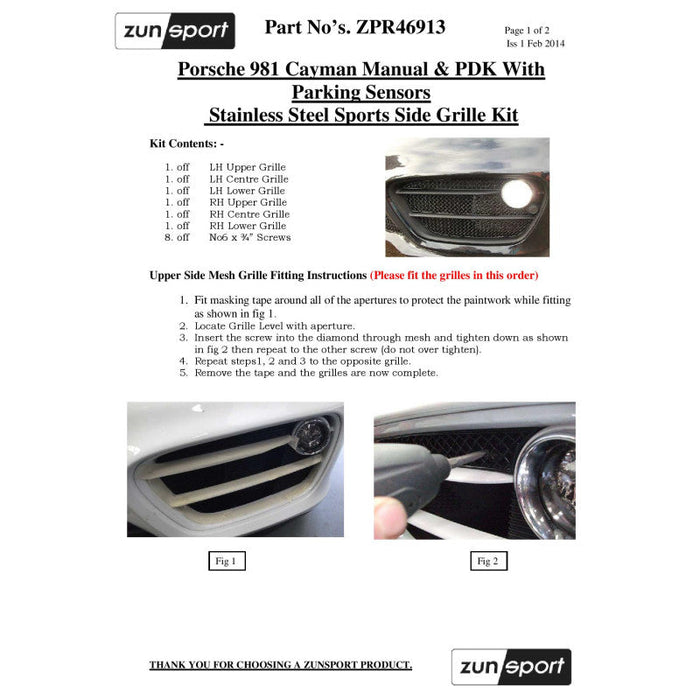 Porsche Cayman 981 (Manual/Pdk With Sensors) - Complete Grille Set - Zunsport