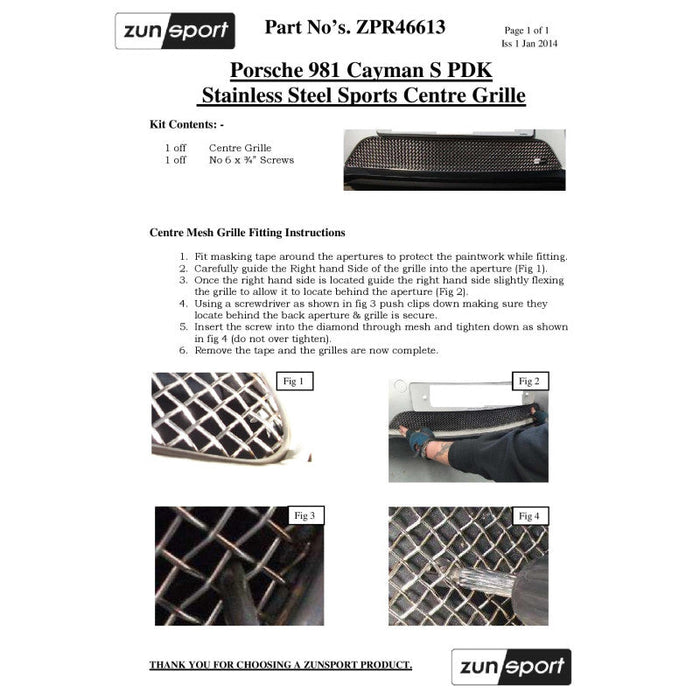 Porsche Cayman S 981 (Pdk Without Sensors) - Front Grille Set - Zunsport