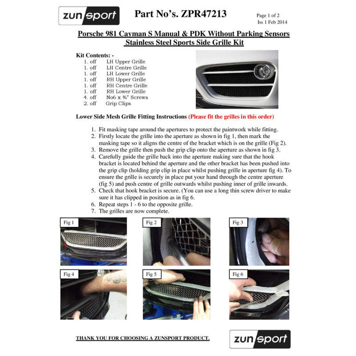 Porsche Cayman S 981 (Pdk Without Sensors) - Front Grille Set - Zunsport