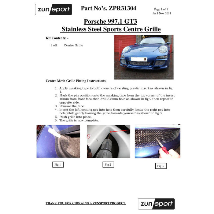 Porsche 997.1 Gt3 - Centre Grille - Zunsport
