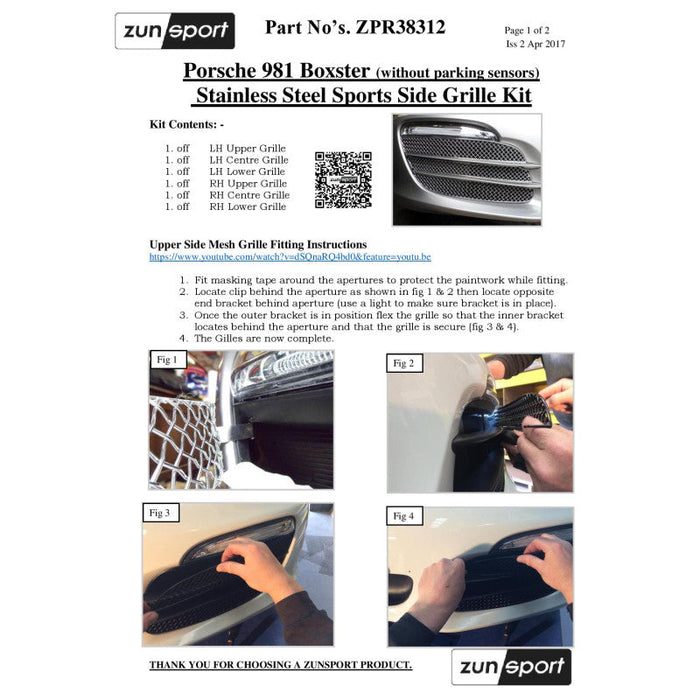 Porsche Boxster 981 - Front Grille Set (Without Parking Sensors) - Zunsport