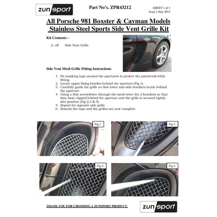 Porsche Boxster 981 - Complete Grille Set (With Parking Sensors) - Zunsport