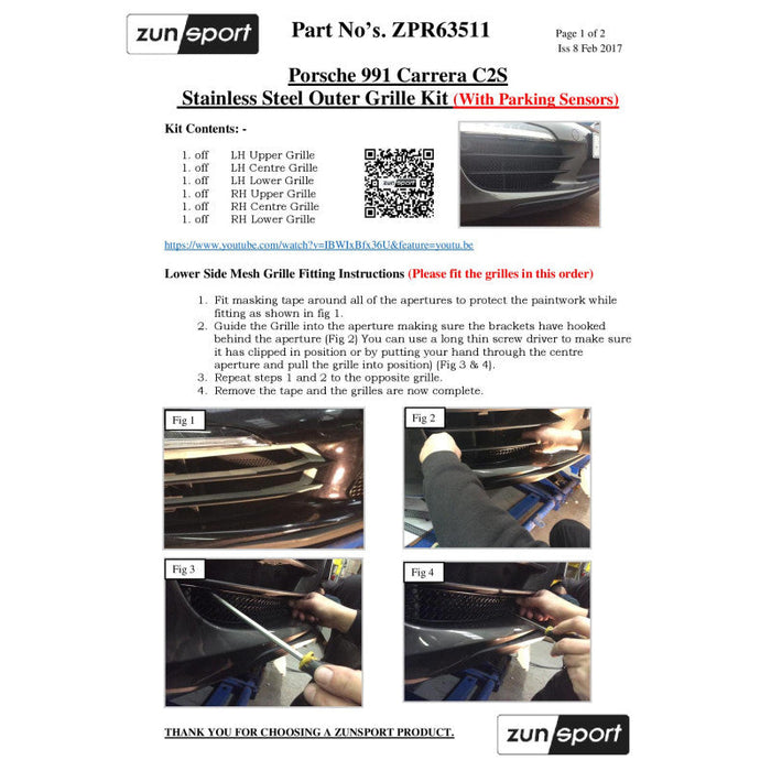 Porsche 991 Carrera C2S - Full Grille Set (With Parking Sensors) - Zunsport