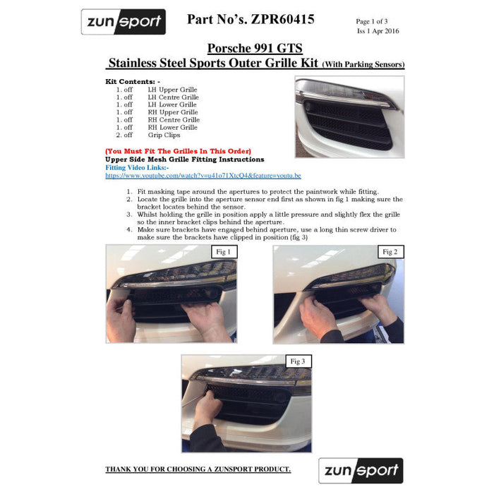 Porsche 991.1 Gts (Acc) - Full Grille Set (With Parking Sensors) - Zunsport