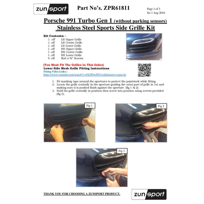 Porsche 991 Turbo Gen1-Full Grille Set (Without Parking Sensors)(Acc) - Zunsport