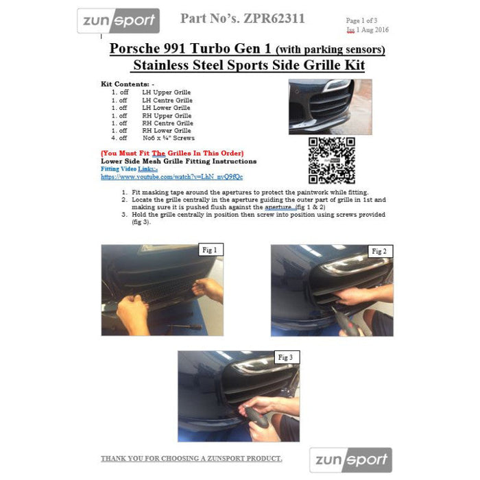 Porsche Carrera 991.1 Turbo (With Parking Sensors) - Outer Grille Set - Zunsport