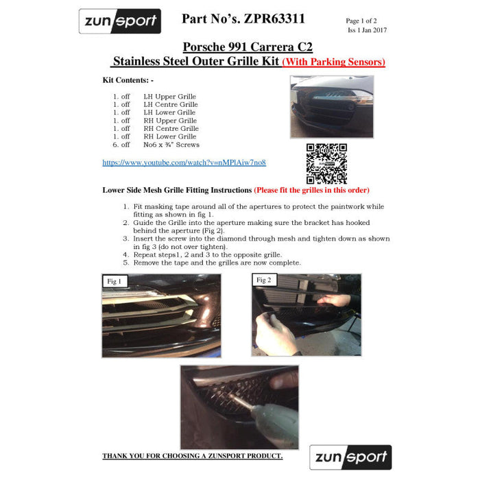 Porsche 991 Carrera C2 - Full Grille Set (With Parking Sensors) - Zunsport