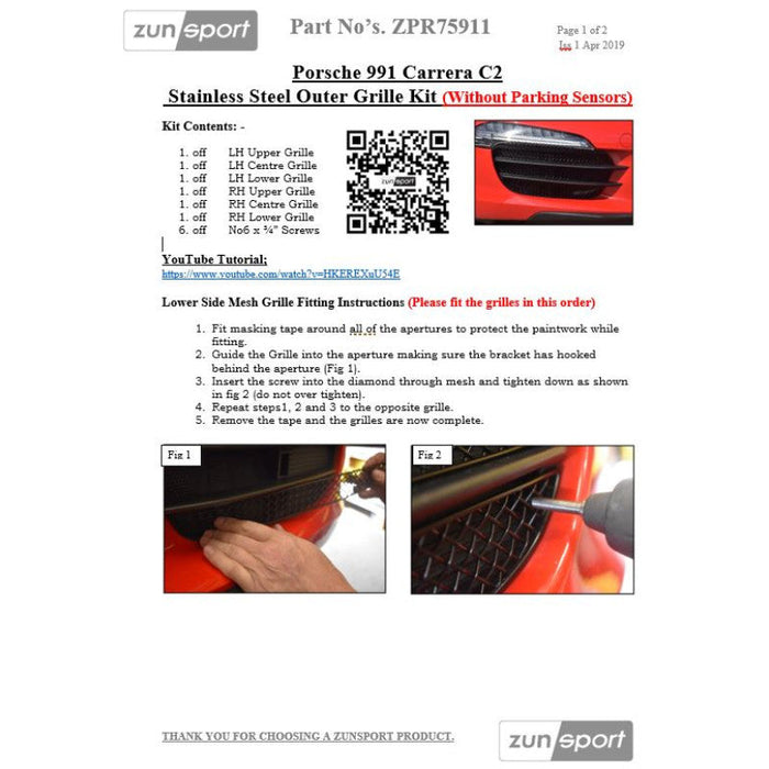 Porsche 991 Carrera C2 - Outer Grille Set (Without Parking Sensors) - Zunsport