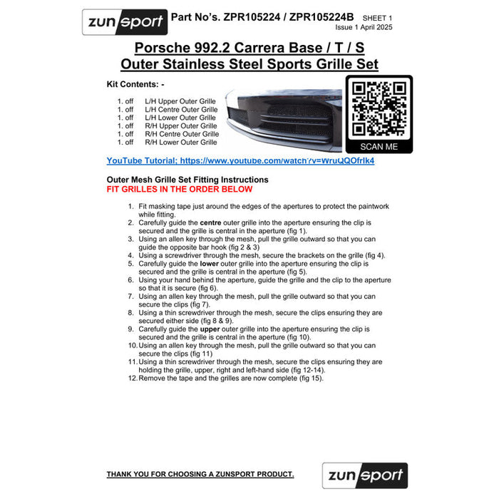 Porsche Carrera 992.2 Base / T / S - Outer Grille Set - Zunsport